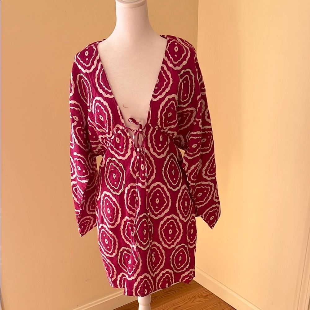 New! Zara pink geometric beaded deep neck cotton/linen mini dress.